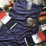Striped Sleeve Color Block Top with Sequin Accent Pocket