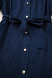 Faux Denim Calf Length Bubble Sleeve Tie Dress