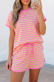 Stripe Contrast Trim Short Sleeve Top & Skirt Set