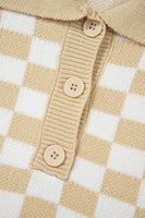 Checkered Buttons V Neck Drop Shoulder Sweater