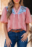 Western Pony Embroidered Gingham Puff Sleeve Blouse