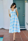 Shell Smocked Bodice Shoulder Tie Lined Midi Dress