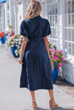 Faux Denim Calf Length Bubble Sleeve Tie Dress
