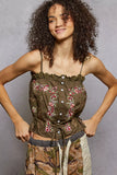 Button Down Floral Embroidered Cropped Cami with Lace