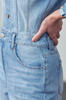 High Waist Pocket Half Button Denim Jumpsuit