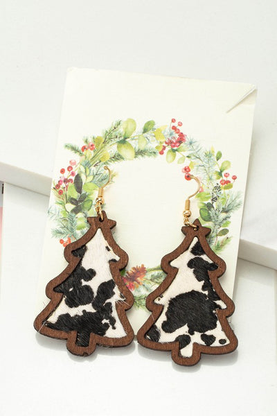 wood Christmas tree earrings with leather inlay