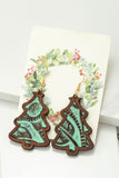 wood Christmas tree earrings with leather inlay