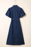 Faux Denim Calf Length Bubble Sleeve Tie Dress