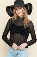 Sheer Rhinestone Long Sleeve Top