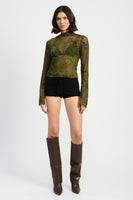 High Neck Olive Sheer Long Sleeve Top