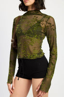 High Neck Olive Sheer Long Sleeve Top