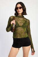 High Neck Olive Sheer Long Sleeve Top