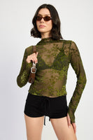 High Neck Olive Sheer Long Sleeve Top