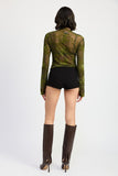 High Neck Olive Sheer Long Sleeve Top