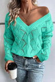 Women Hollow Out Knit V Neck Drop Shoulder Sweater