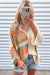 Women Oversized Colorblock V Neck Hooded Sweater