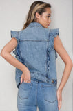 Sleeveless Ruffle Trim Light Denim Vest