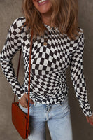 Checkered Pattern Mesh Long Sleeve Top