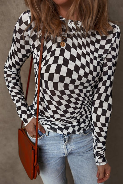 Checkered Pattern Mesh Long Sleeve Top