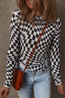 Checkered Pattern Mesh Long Sleeve Top