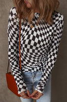 Checkered Pattern Mesh Long Sleeve Top