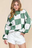 Women Checkered Bishop Sleeve Sweater