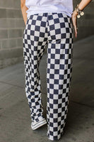 2-Tone Checked Print High Waist Wide Leg Pants