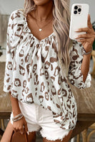 Women Leopard Print V Neck 3/4 Sleeve Blouse