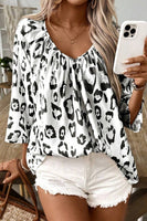 Women Leopard Print V Neck 3/4 Sleeve Blouse