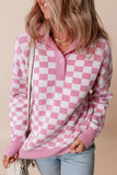 Checkered Buttons V Neck Drop Shoulder Sweater