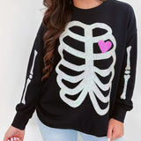 Sequin Skeleton Halloween Sweatshirt for Women – Spooky Casual Crew Neck Pullover, Long Sleeve Fall Streetwear