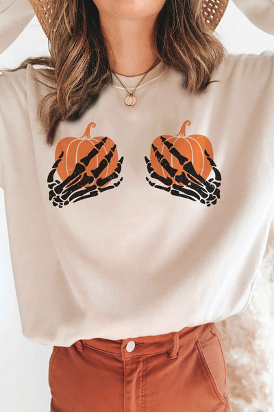 Skeleton Holding Pumpkins Graphic Sweatshirt