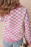 Checkered Buttons V Neck Drop Shoulder Sweater