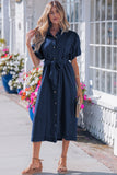 Faux Denim Calf Length Bubble Sleeve Tie Dress