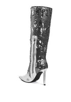 Platinum Sequin Embellished Stiletto Long Boots