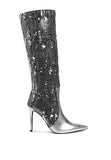 Platinum Sequin Embellished Stiletto Long Boots