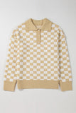 Checkered Buttons V Neck Drop Shoulder Sweater