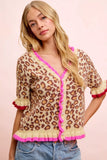 BiBi Leopard Patterned Ruffled Detail Button Cardigan