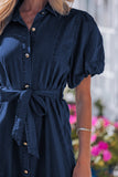 Faux Denim Calf Length Bubble Sleeve Tie Dress