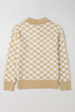 Checkered Buttons V Neck Drop Shoulder Sweater