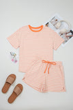 Orange Peach Stripe Contrast Loose Tee Short Set