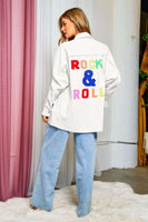 Multi- Colored Letters, Fringed Hem Detail Button Up