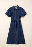 Faux Denim Calf Length Bubble Sleeve Tie Dress