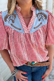 Western Pony Embroidered Gingham Puff Sleeve Blouse