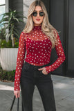 Polka Dot Mock Mesh Long Sleeve Top