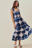 Abstract Print Smocked Bodice Tiered Lined Midi Dress