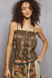 Button Down Floral Embroidered Cropped Cami with Lace