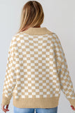 Checkered Buttons V Neck Drop Shoulder Sweater