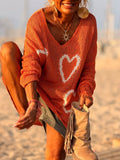 Heart V-Neck Dropped Shoulder Sweater