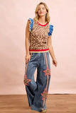 4th Of July Leopard Ruffled Detail Knit Top